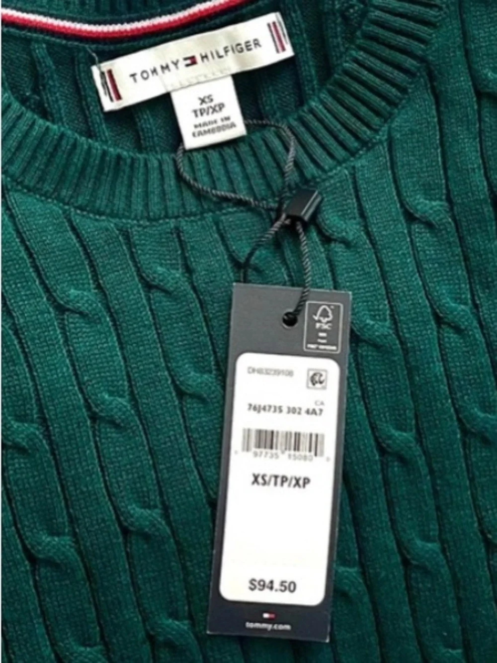 NWT Tommy Hilfiger Cable Knit Cotton Sweater Forest Green XS - Picture 6 of 7
